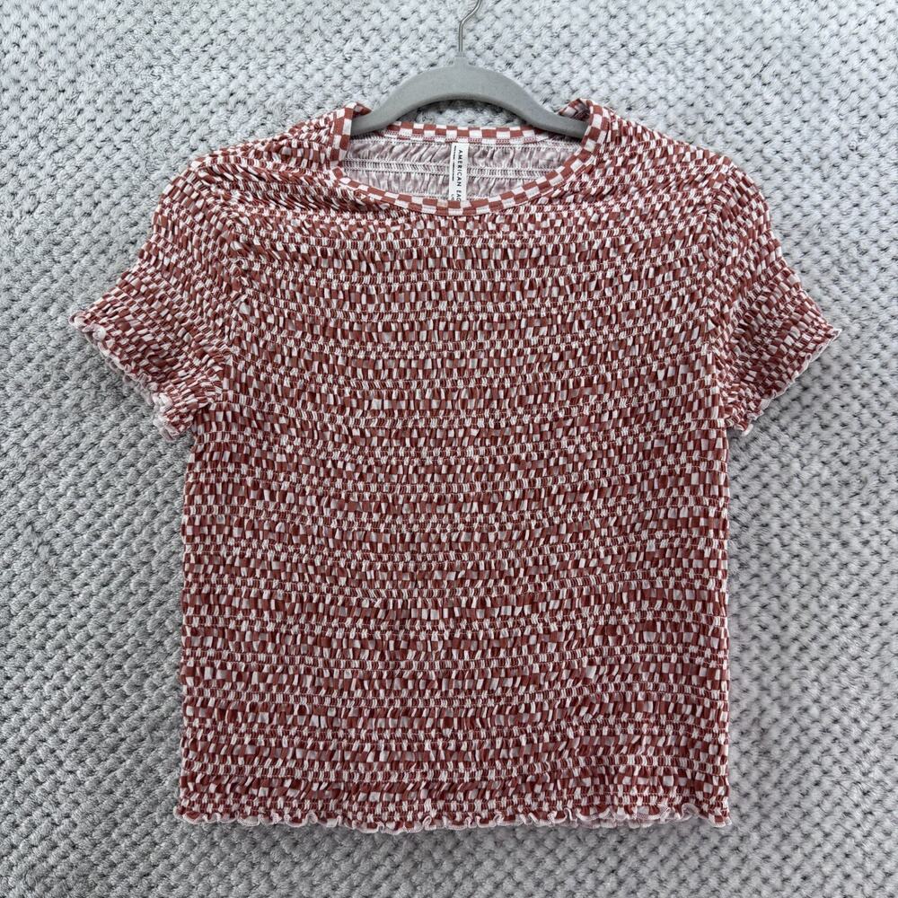 American Eagle Top Womens L Orange White Checked Plaid Smocked Crew Short Sleeve